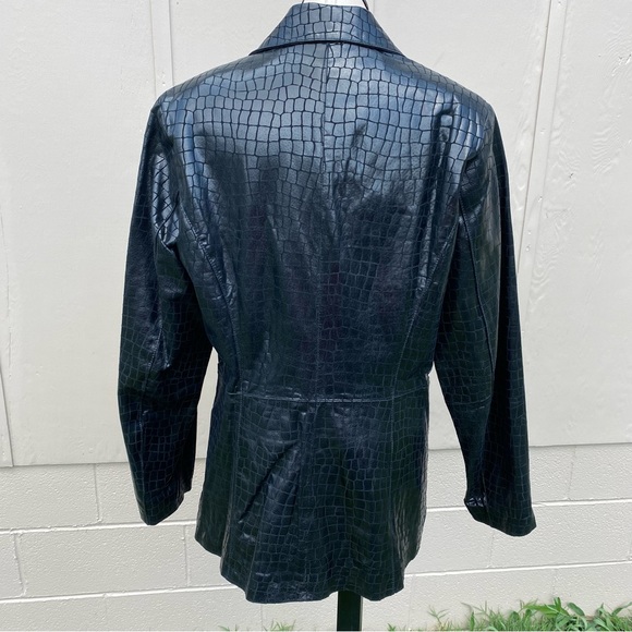 Dialogue Black Leather Jacket Croc Embossed Coat Lined Shimmer Size L Pockets - Picture 6 of 16